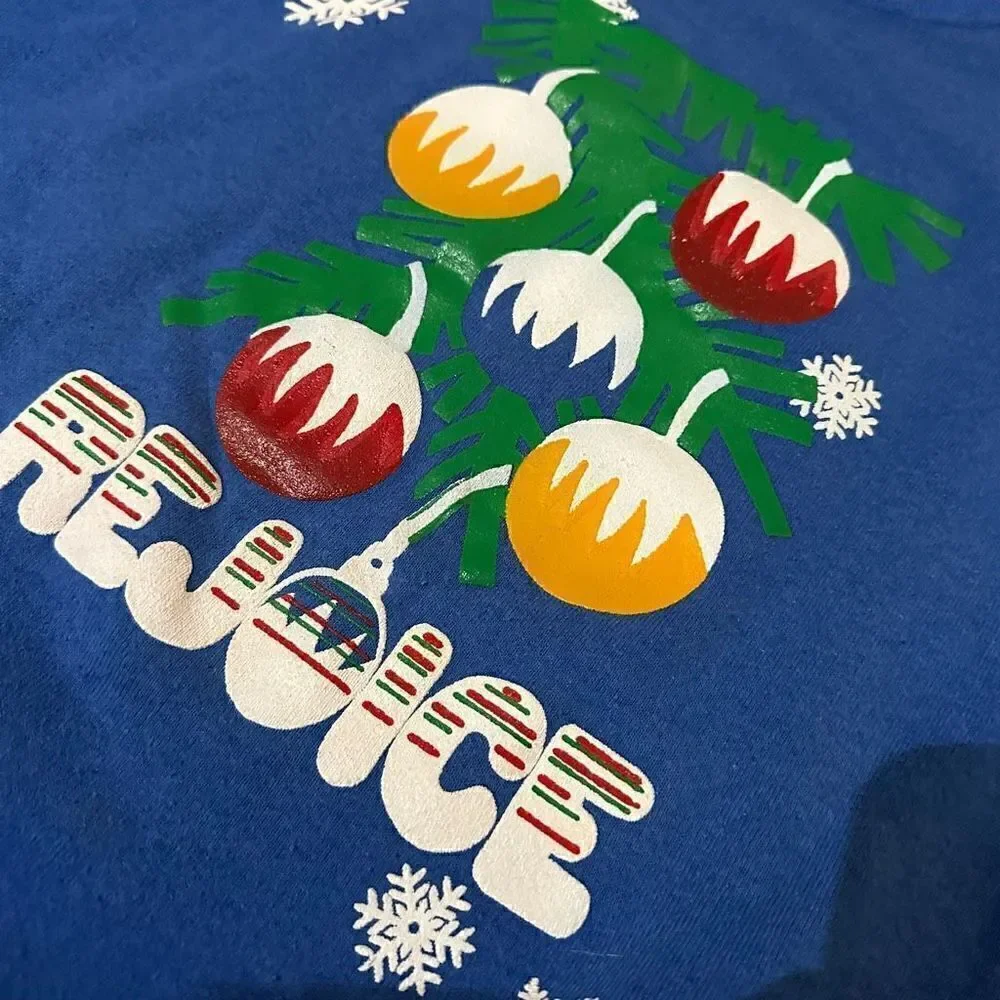 Vintage Hanes USA made Puff Paint Blue Rejoice Christmas Crewneck Sweater Sz XL